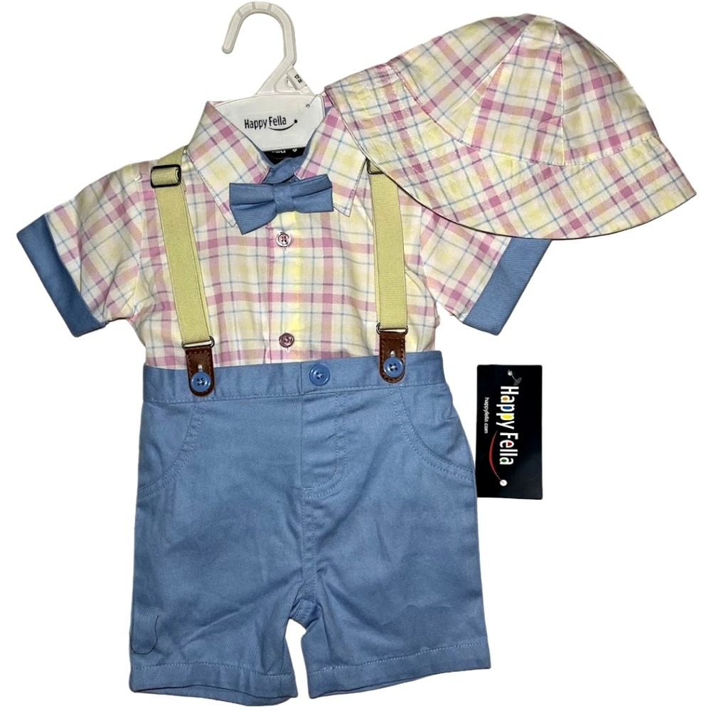 Happy Fella Baby Boy 12 Mos Suspenders Outfit Set Plaid Shirt Hat‎ Shorts Easter